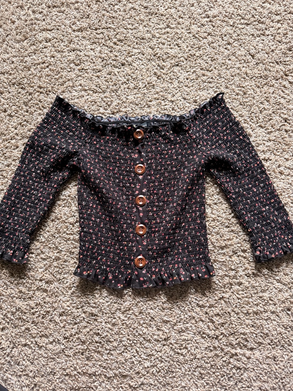Elle Black Smocked Button-Front Off-Shoulder Top with Pink Flowers